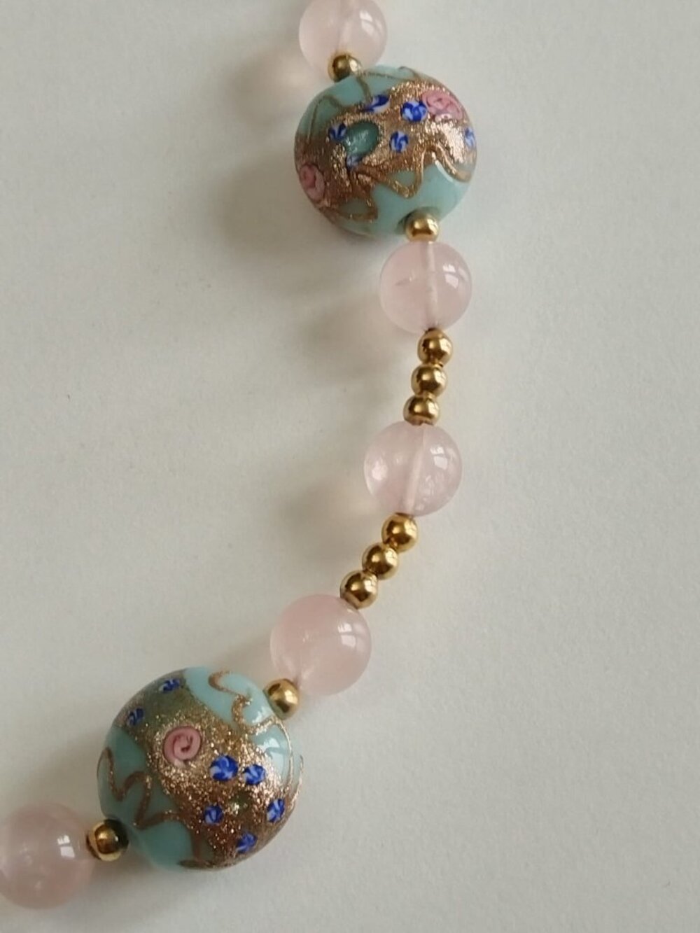 Vintage Murano Venetian Aqua Glass Gold Foil Bead Necklace Rose Quartz Beads - Picture 11 of 15